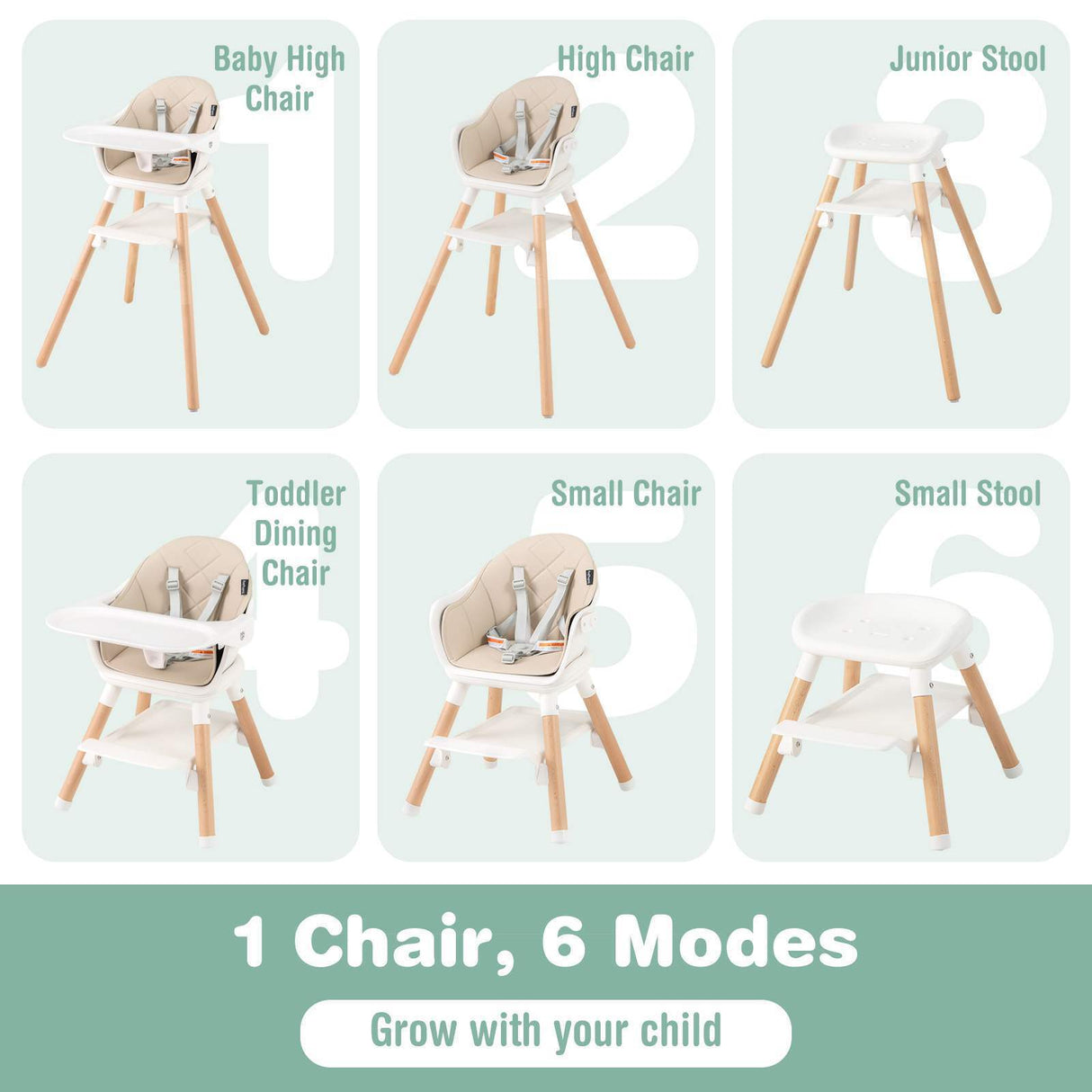 BABY JOY 6-in-1 Convertible Wooden High Chair Baby Highchair up to 6 Years Old