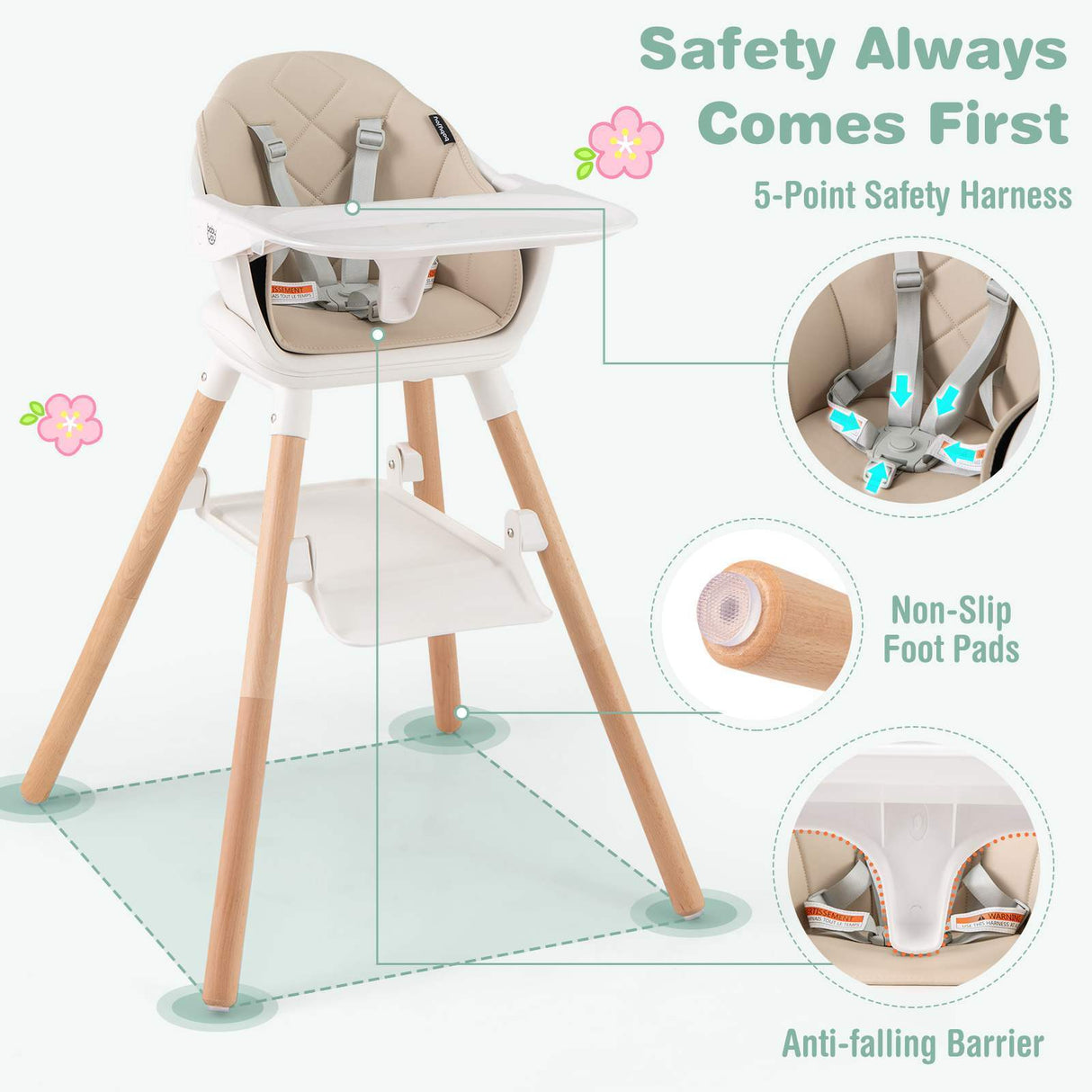 BABY JOY 6-in-1 Convertible Wooden High Chair Baby Highchair up to 6 Years Old