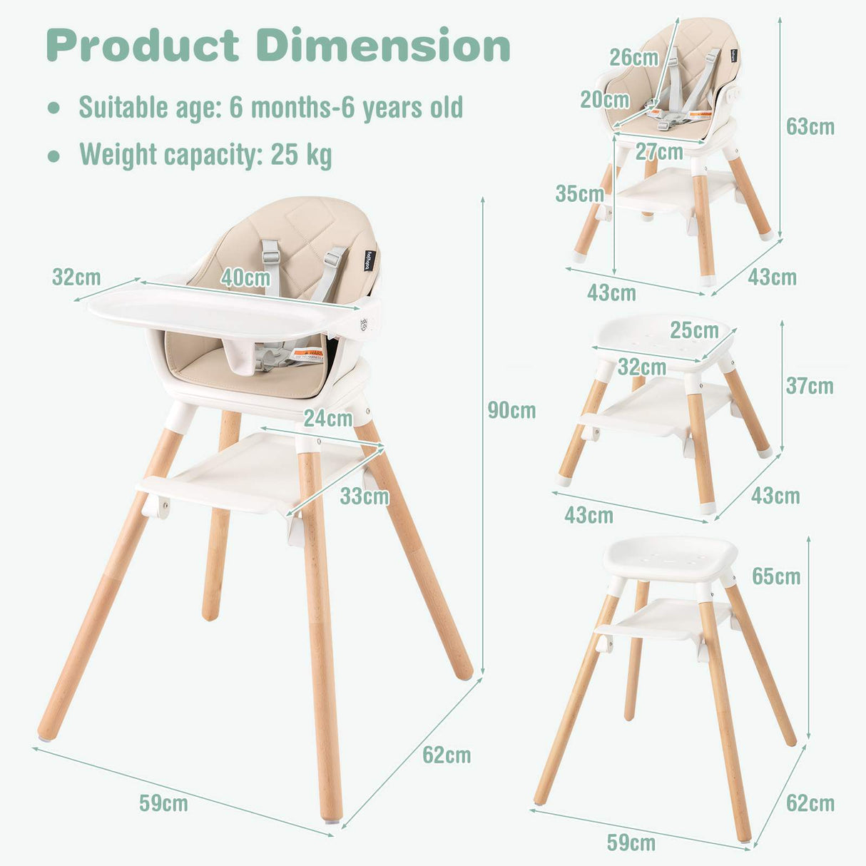 BABY JOY 6-in-1 Convertible Wooden High Chair Baby Highchair up to 6 Years Old