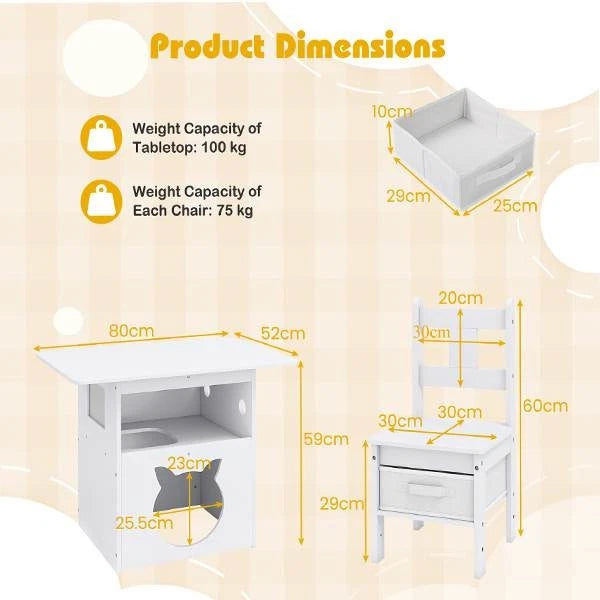 Kids Table and Chairs Set 3 Pieces Wooden Children Furniture Desk with Cat House