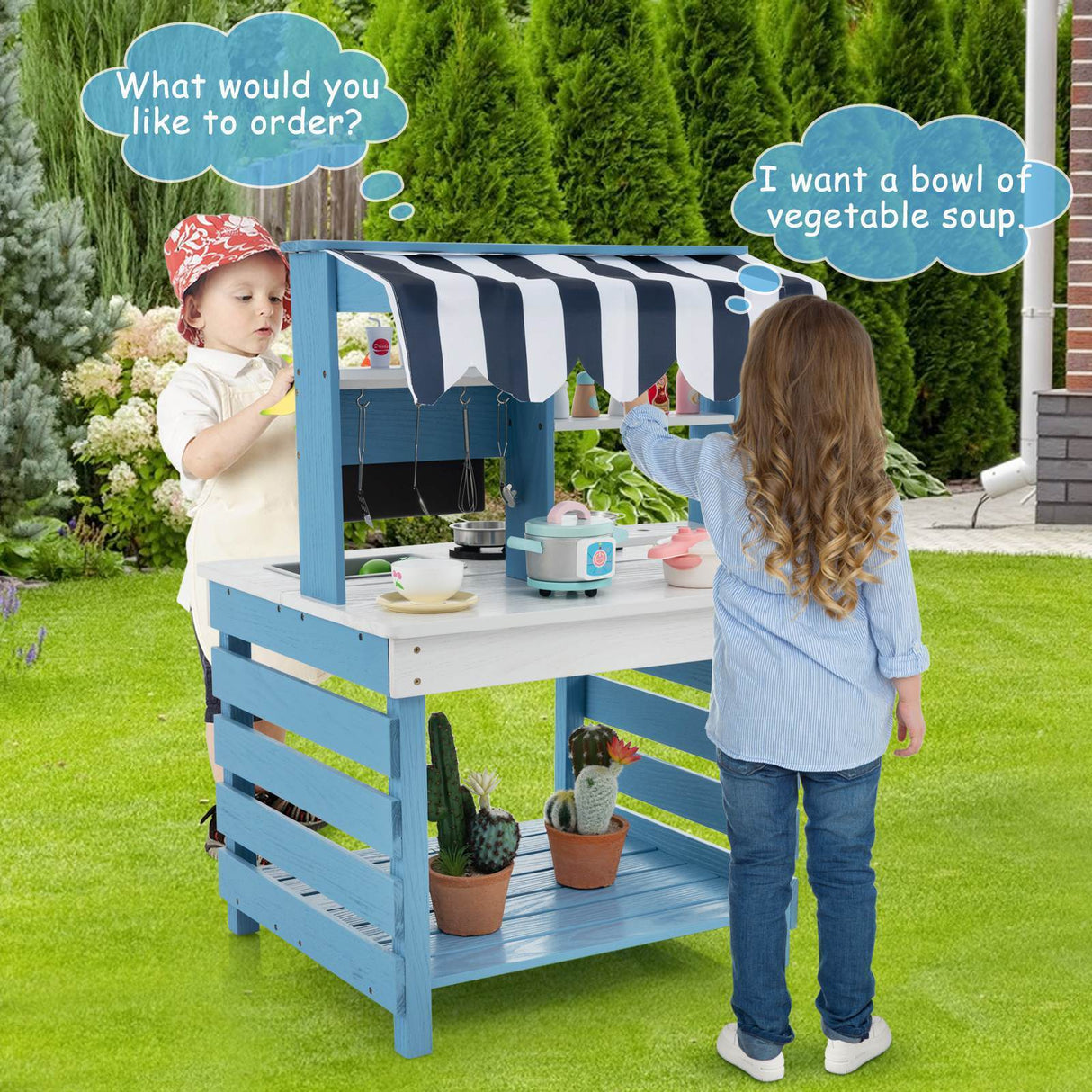 2-In-1 Double-Sided Kids Kitchen Playset Wooden Pretend Play Kitchen w/Canopy