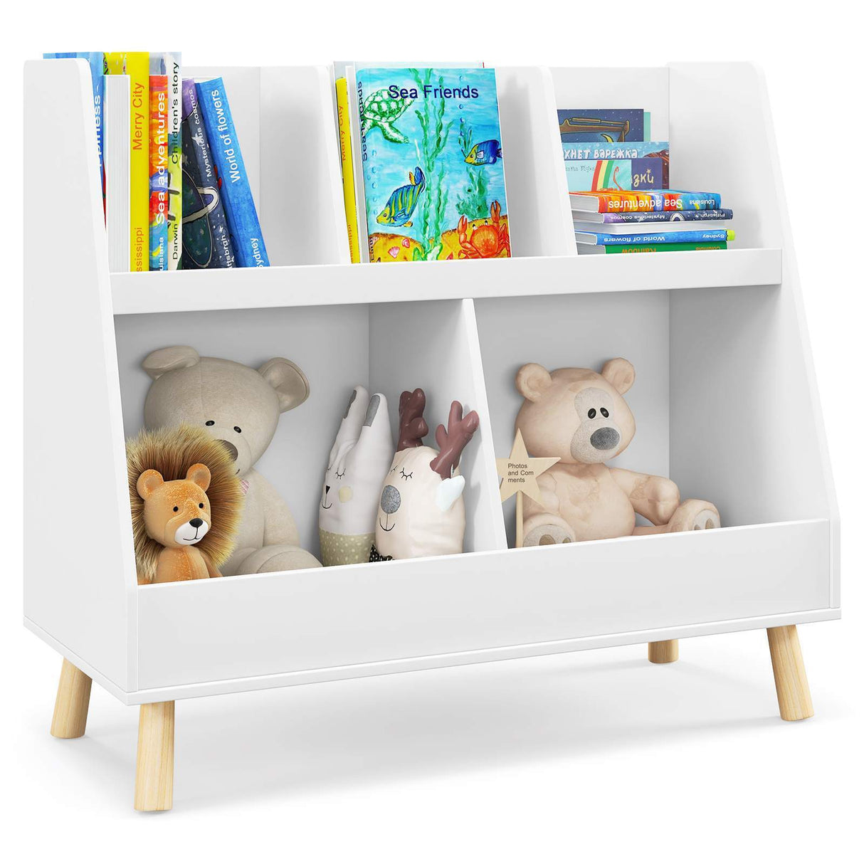 A white wooden kids bookshelf and toy organizer with wood legs. It features multiple storage cubes, some of which are filled with books and toys.
