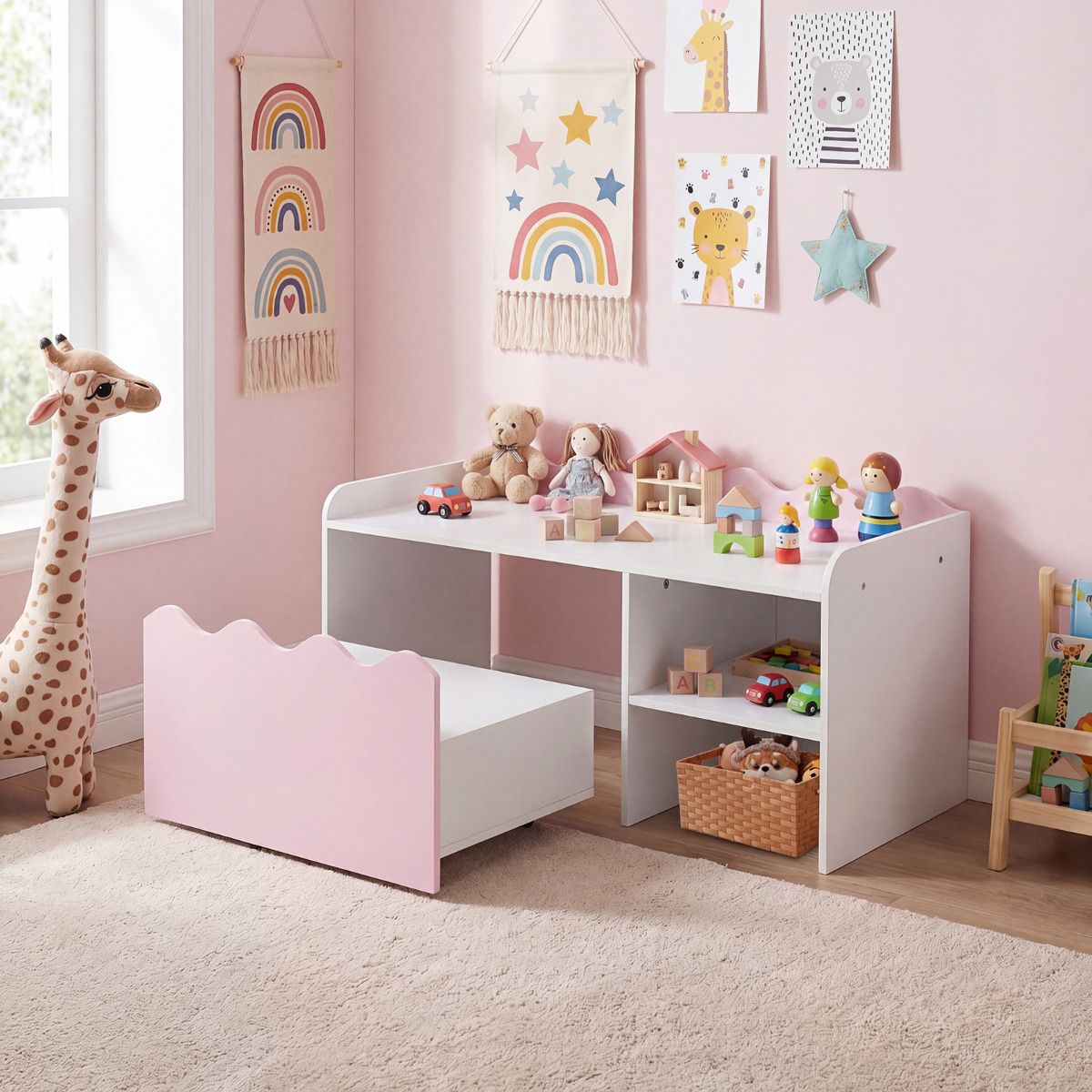 Scalloped Kids Bookshelf and Toy Storage Organizer for Bedroom