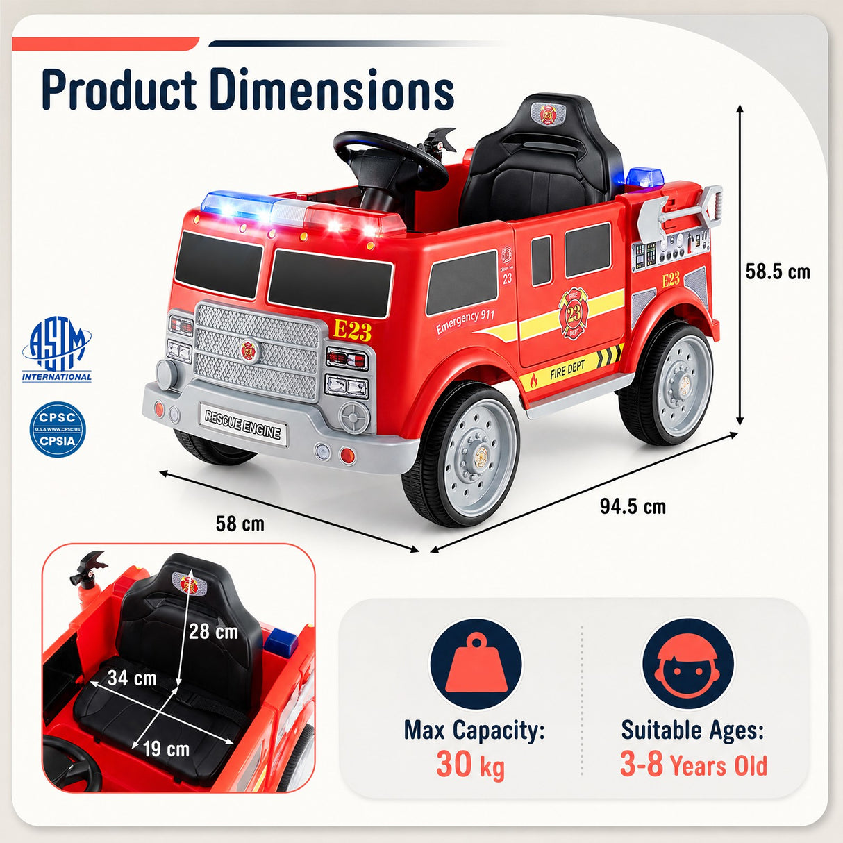 Kids Ride on Fire Truck, 12V Battery Powered Fire Car with Remote Control
