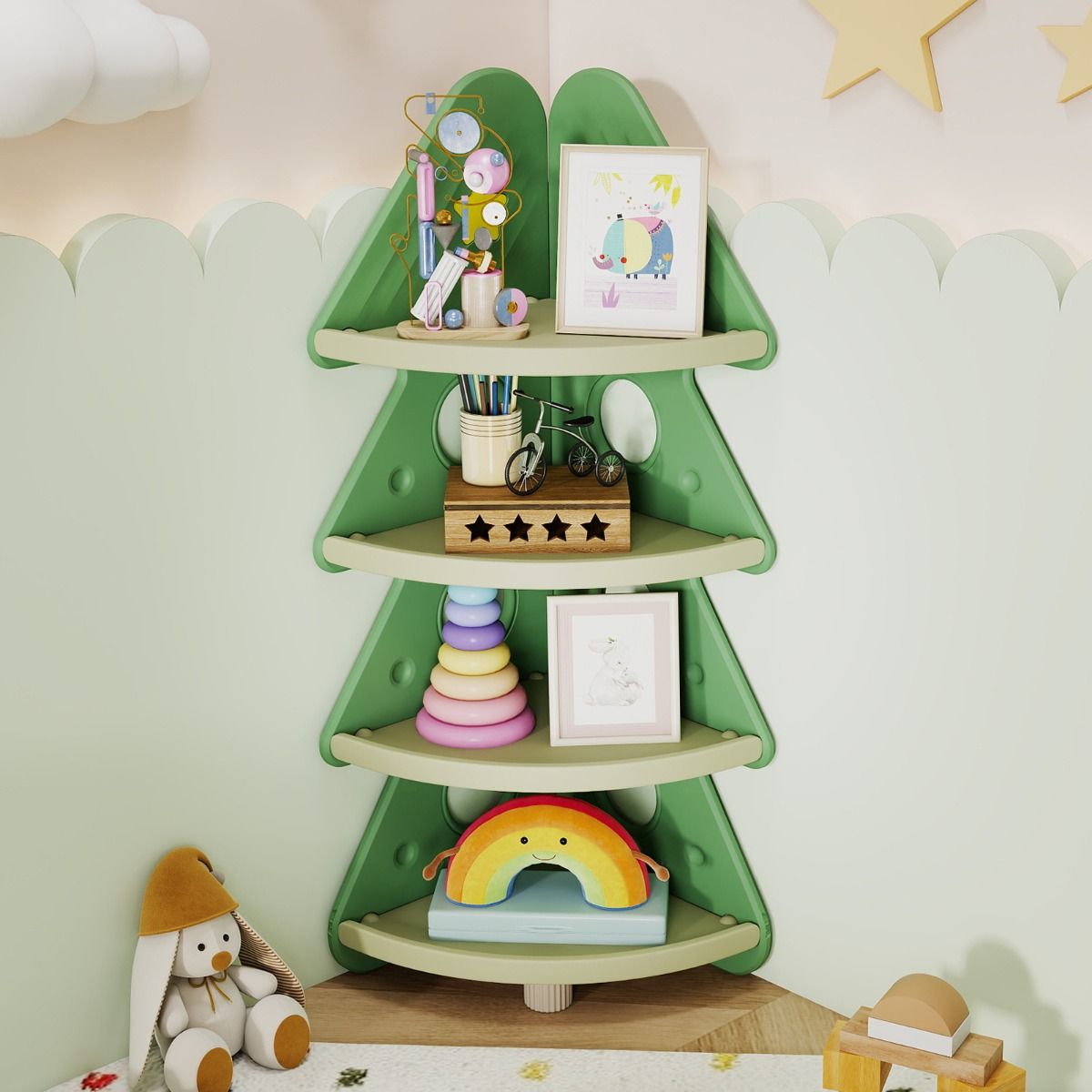 4-Tier Toddler Christmas Tree Bookcase for Kids Room