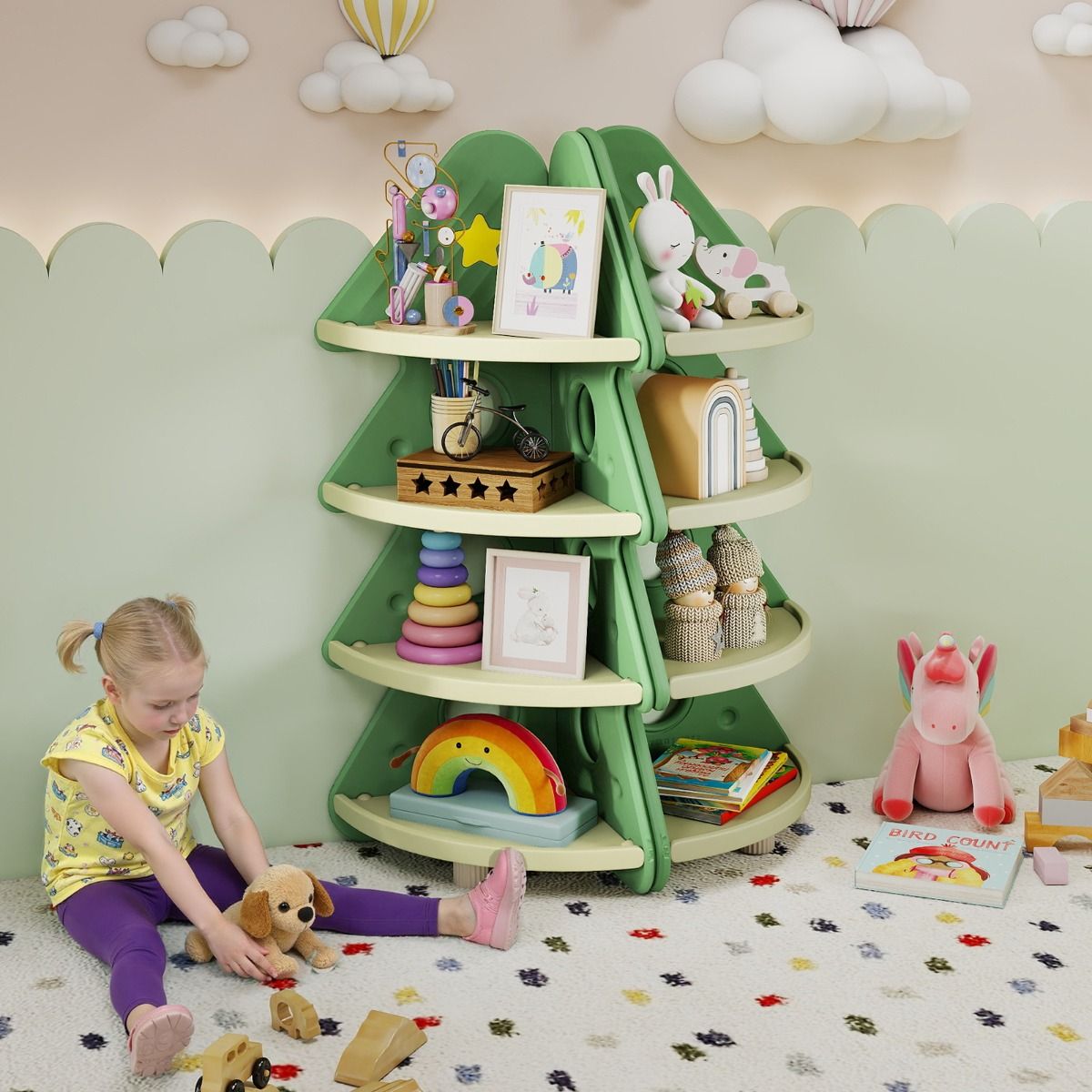 4-Tier Toddler Christmas Tree Bookcase for Kids Room