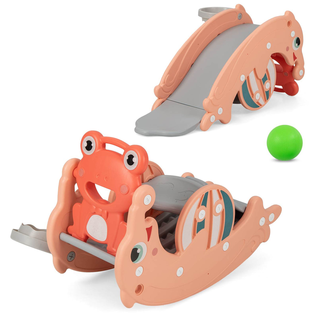 HONEY JOY 3-in-1 Kids Slide Rocking Horse Set with Basketball Hoop Indoor Gift