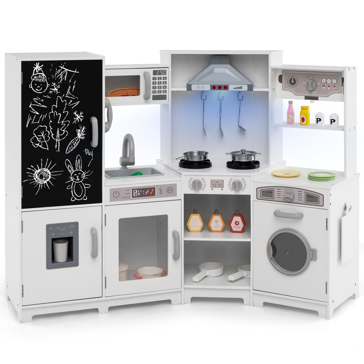 Corner Wooden Play Kitchen, Toy Kitchen Playset with Storage for Children 3+ Years Old