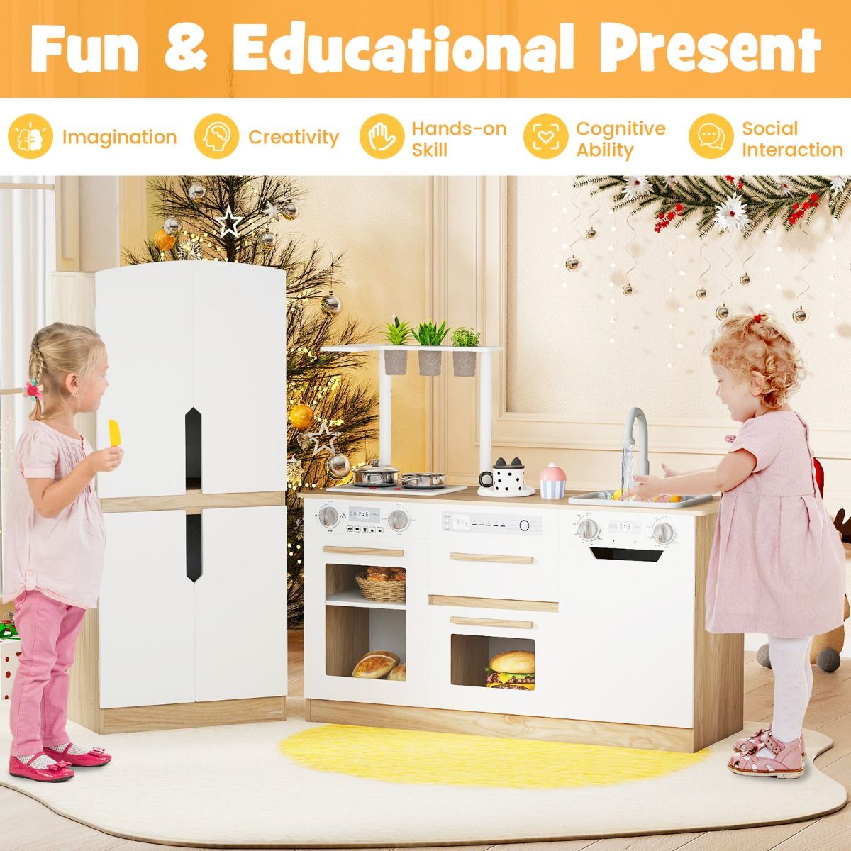 Wooden Modular Play Kitchen with Fridge and Dishwasher for Ages 3+