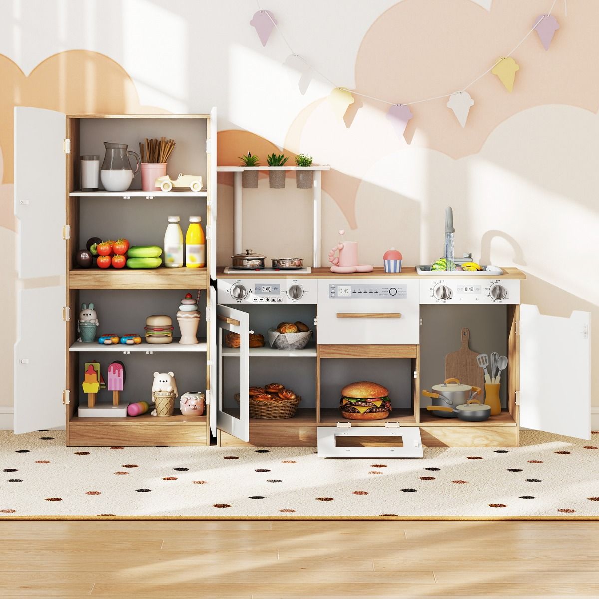 Wooden Modular Play Kitchen with Fridge and Dishwasher for Ages 3+