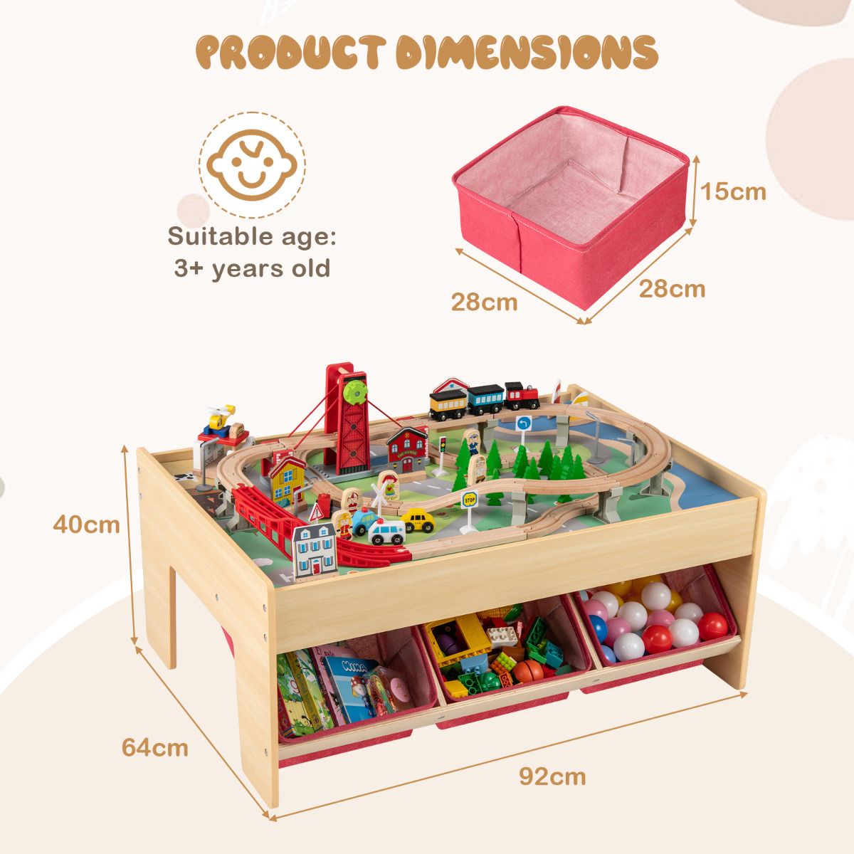 Wooden Train Table Multipurpose Activity Play Table with 3 Storage Bins