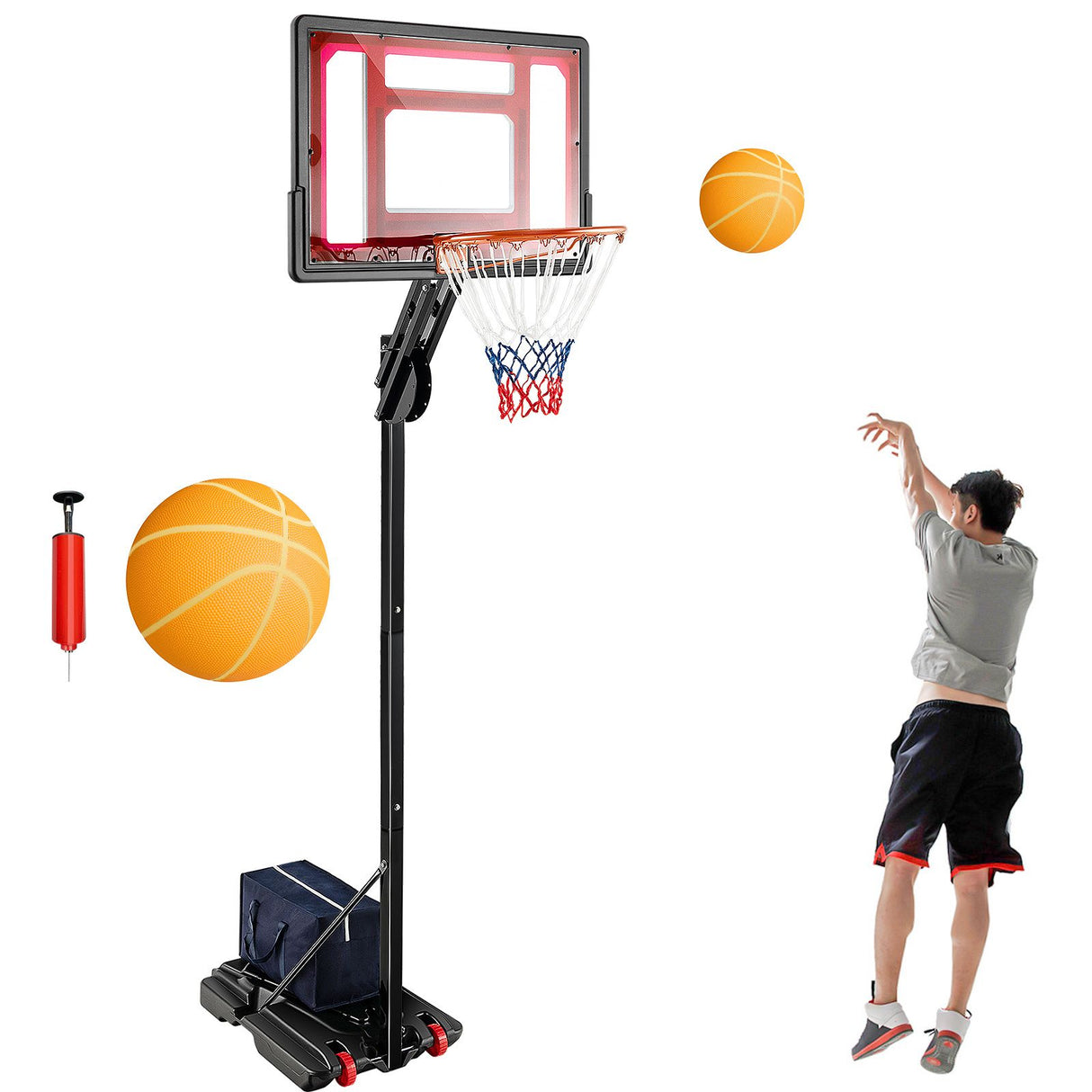 1.05-2.6m Portable Basketball Hoop Height-Adjustable with Weight Bag and Basketball