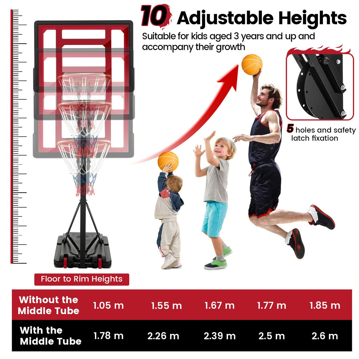 1.05-2.6m Portable Basketball Hoop Height-Adjustable with Weight Bag and Basketball