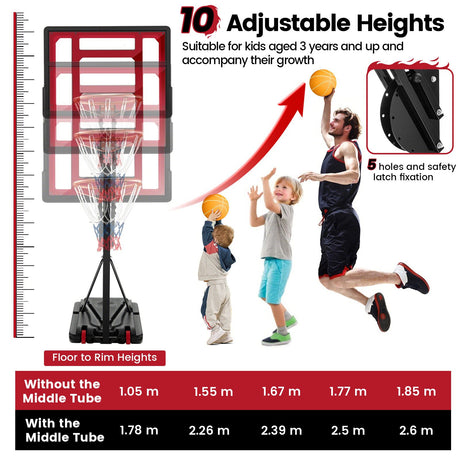 1.05-2.6m Portable Basketball Hoop Height-Adjustable with Weight Bag and Basketball