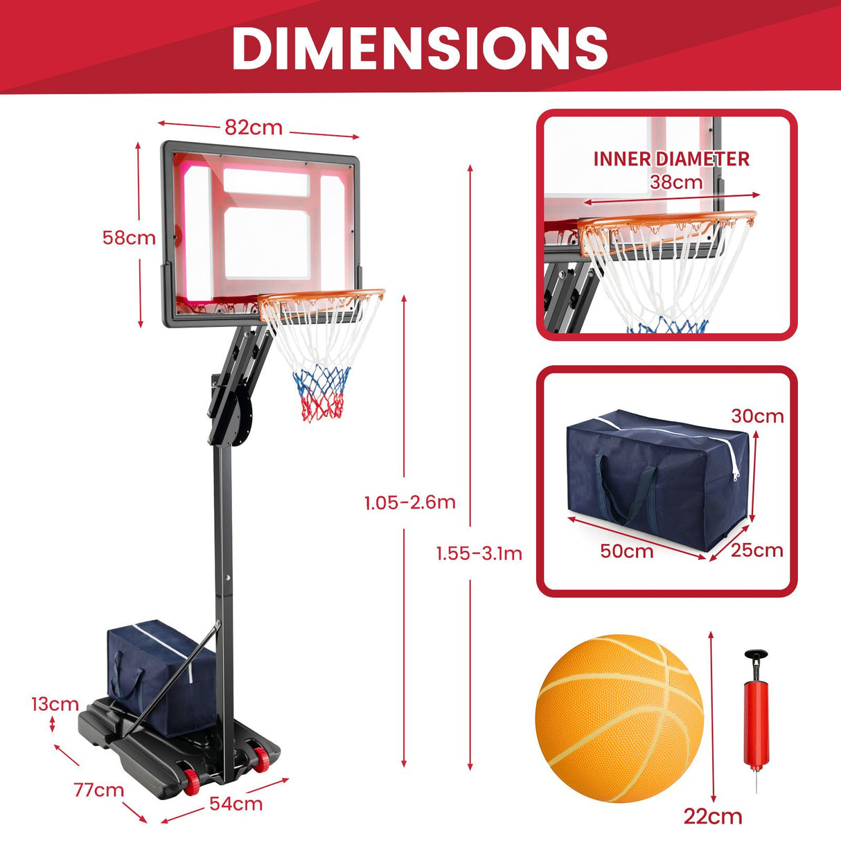 1.05-2.6m Portable Basketball Hoop Height-Adjustable with Weight Bag and Basketball