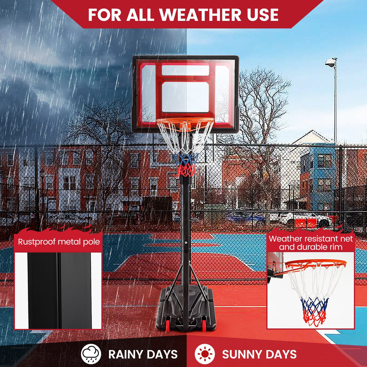 1.05-2.6m Portable Basketball Hoop Height-Adjustable with Weight Bag and Basketball
