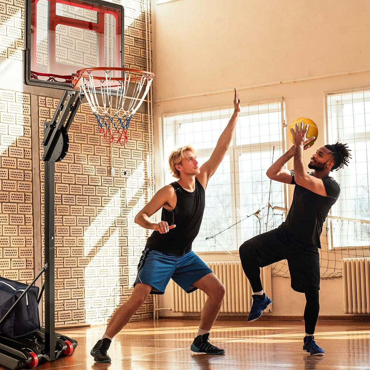 1.05-2.6m Portable Basketball Hoop Height-Adjustable with Weight Bag and Basketball