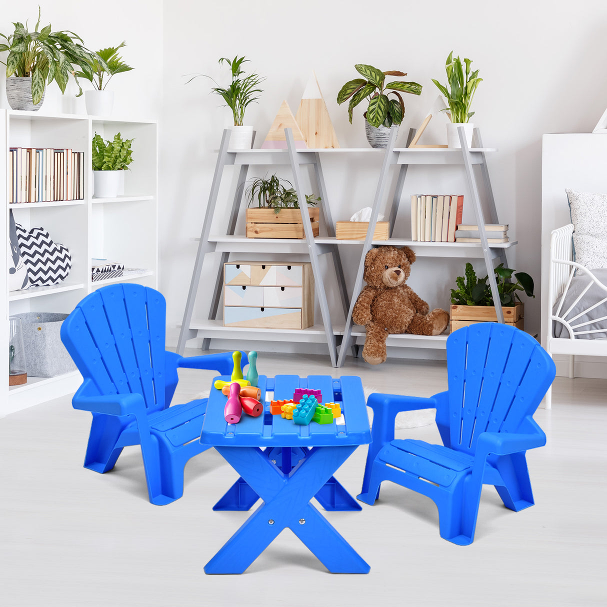 Kids Plastic Table with 2 Adirondack Chairs Set, Toddler Play Table and Chairs for Tea Time