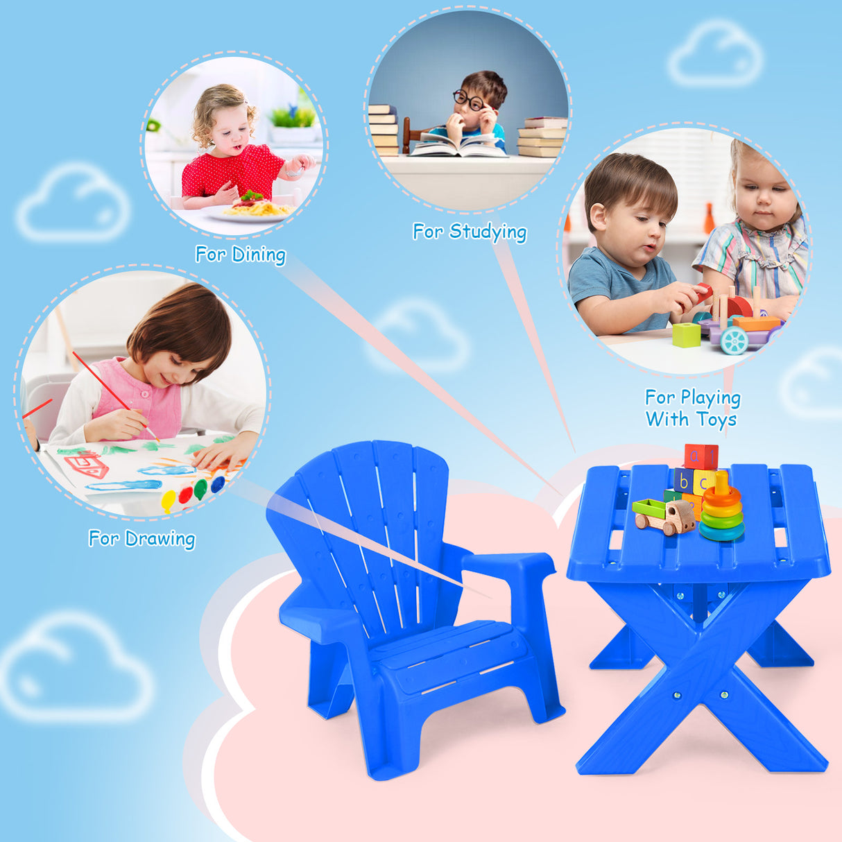 Kids Plastic Table with 2 Adirondack Chairs Set, Toddler Play Table and Chairs for Tea Time