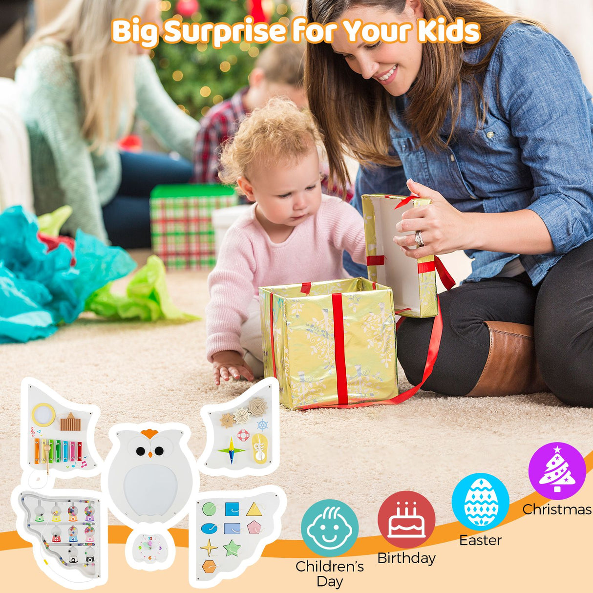 11-In-1 Owl Activity Wall Busy Board Panels for Kids 3+ Years Old