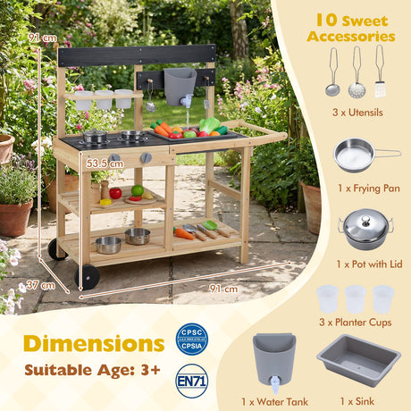 Mud Kitchen with Wheels, Outdoor Fir Wood Play Kitchen