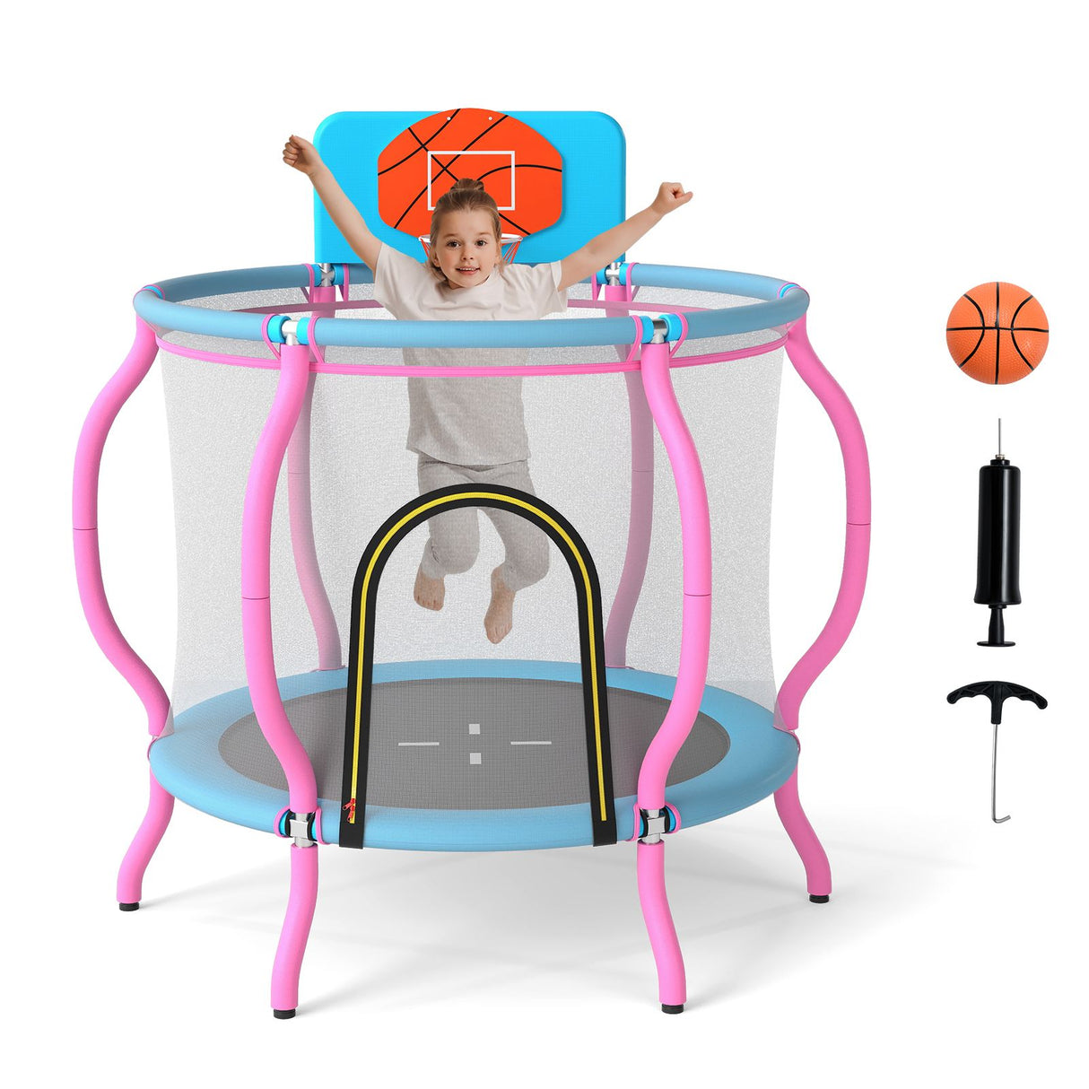 120cm Kids Trampoline with Basketball Hoop and Tall Enclosure Net