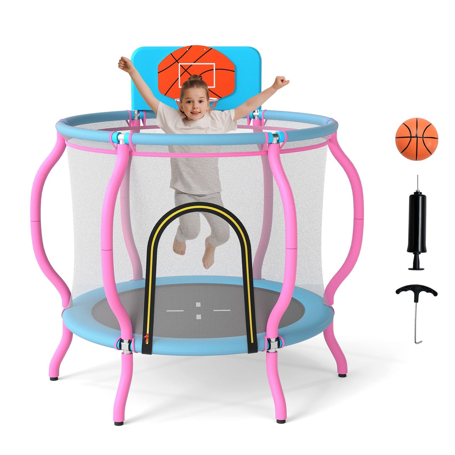 120cm Kids Trampoline with Basketball Hoop and Tall Enclosure Net