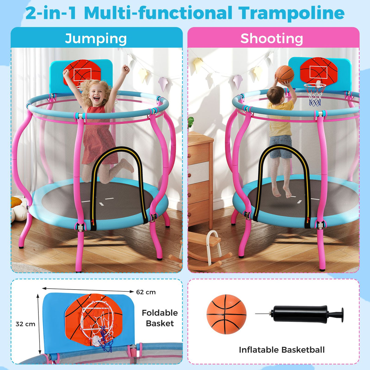 120cm Kids Trampoline with Basketball Hoop and Tall Enclosure Net