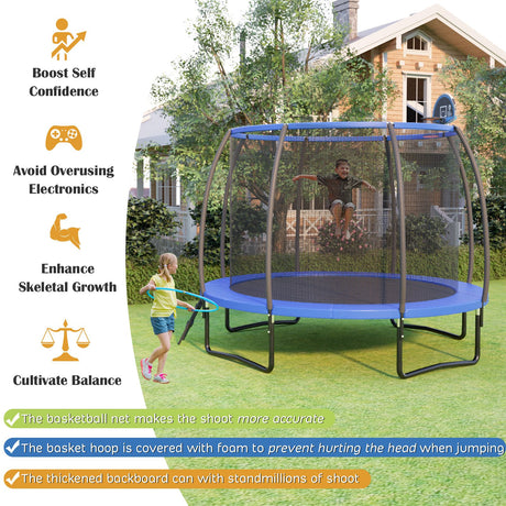 12FT Outdoor Trampoline with Basketball Hoop and Enclosure Net