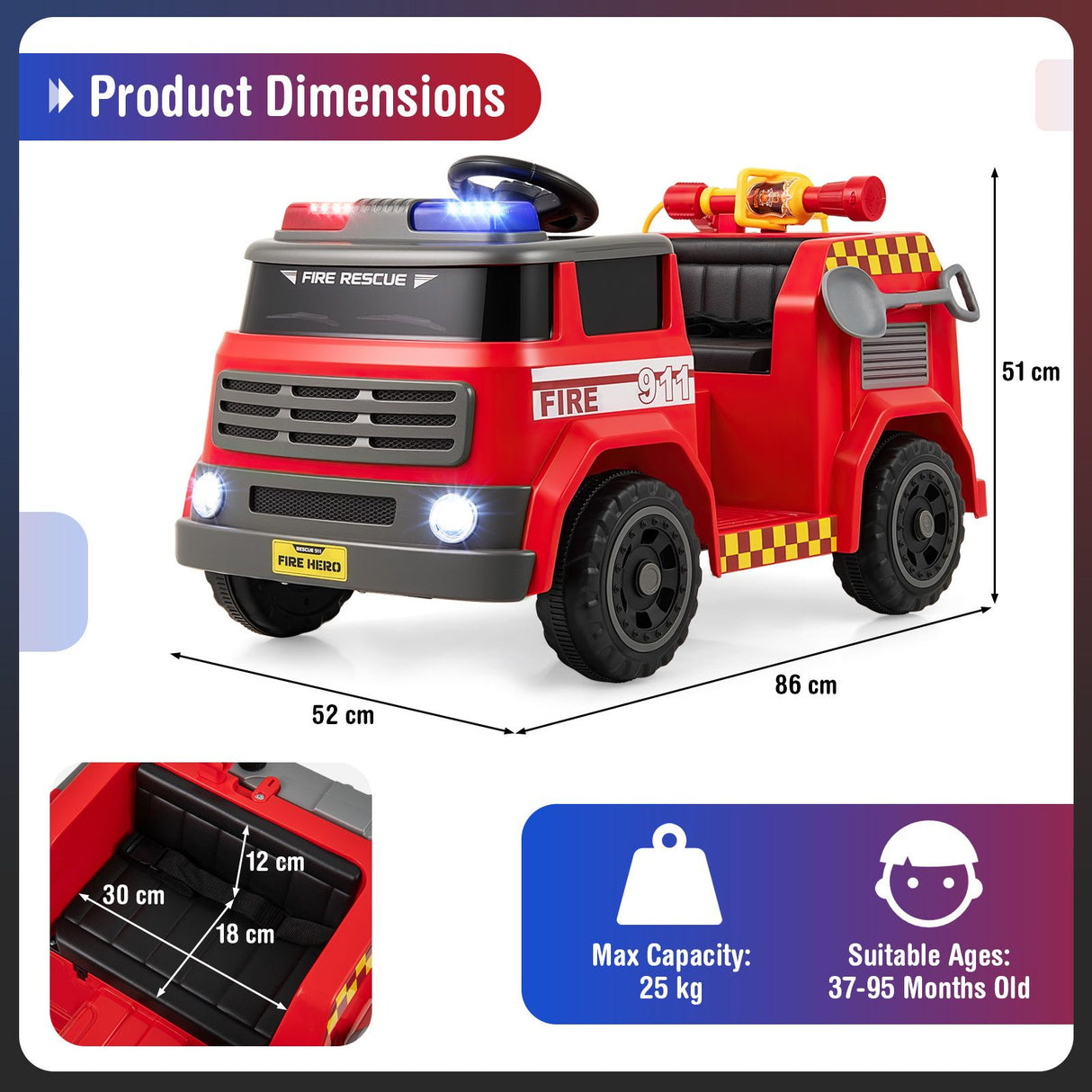 12V Kids Ride on Fire Truck with Parent Remote Control with Water Gun