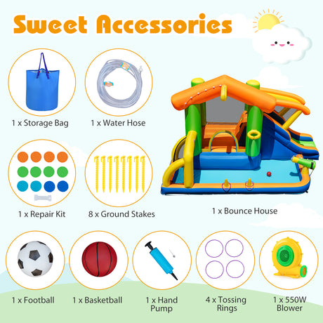 List of accessories for a bounce house with icons and text on a light blue background.