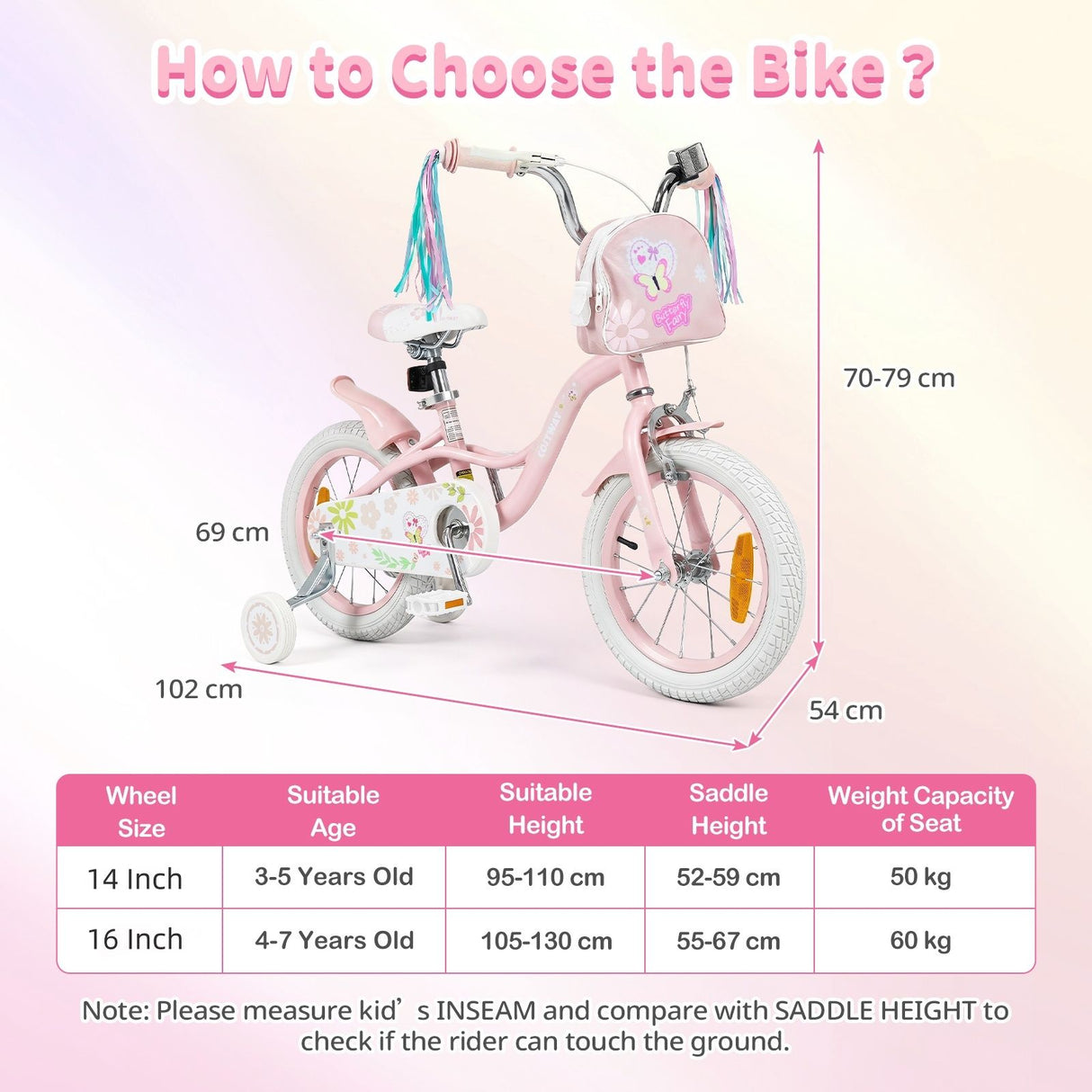 14/16 Inch Girls Bike with Front Bag and Streamers for 3-5/4-7 Years Old Item No: 29530738
