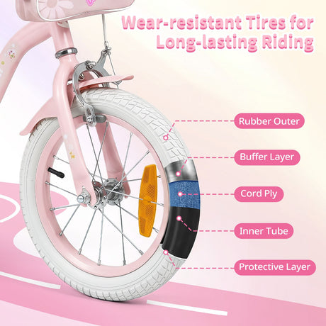 14/16 Inch Girls Bike with Front Bag and Streamers for 3-5/4-7 Years Old