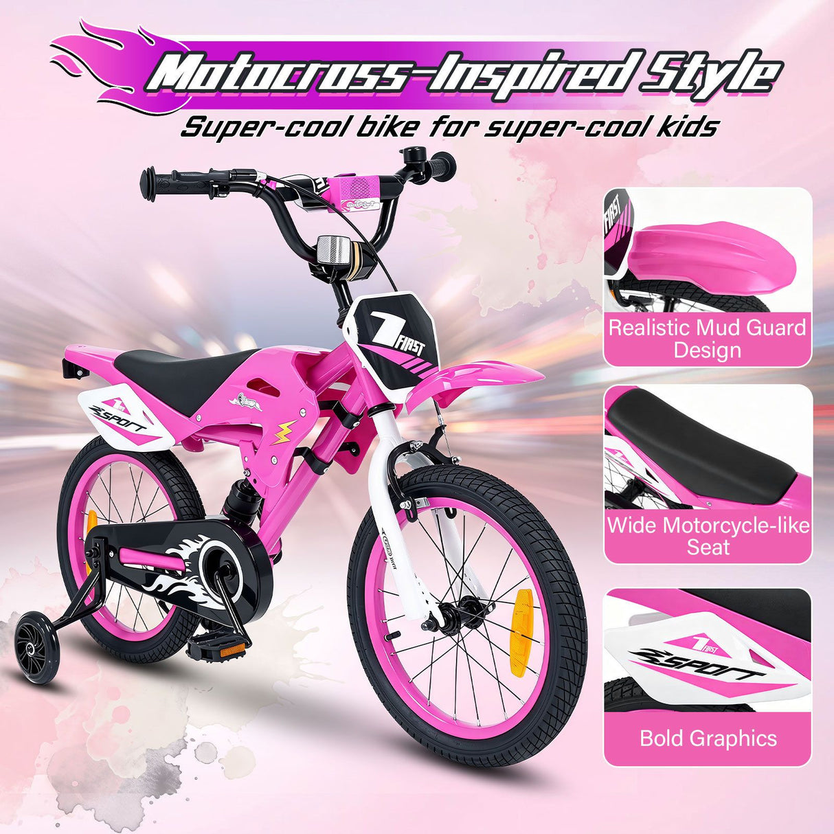 16 Inch Kids Bike Motocross Style with Sound Effects and Light-up Training Wheels