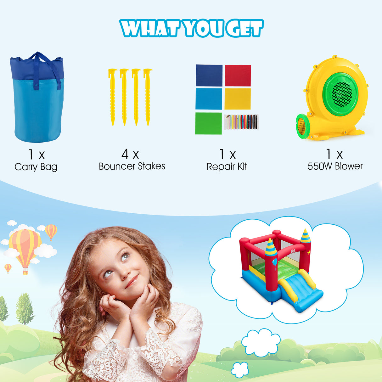 HONEY JOY Inflatable Bounce House, Kids Bouncy Castle w/Large Jumping Area & Wide Slide