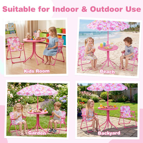 Kids Picnic Table with 2 Folding Chairs and Height Adjustable Umbrella for Garden