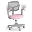 Pink and gray office chair with adjustable armrests on a white background