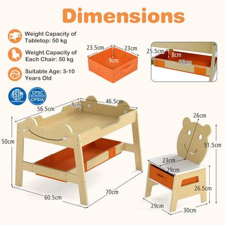 Versatile Kids Table and 2 Chairs Set with Hanging Hooks