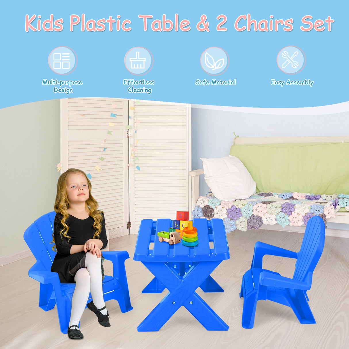 Kids Plastic Table with 2 Adirondack Chairs Set, Toddler Play Table and Chairs for Tea Time