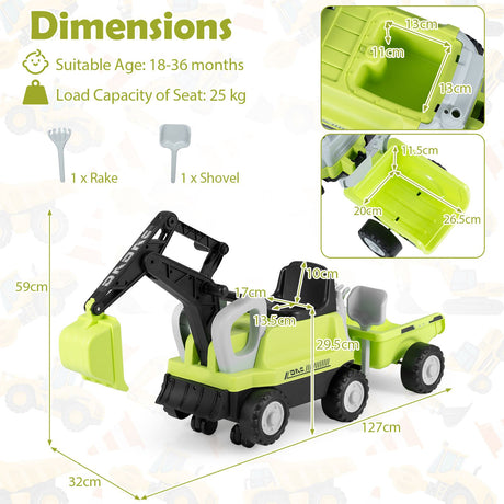 2-In-1 Kids Ride on Tractor with Digging Arm and Detachable Trailer