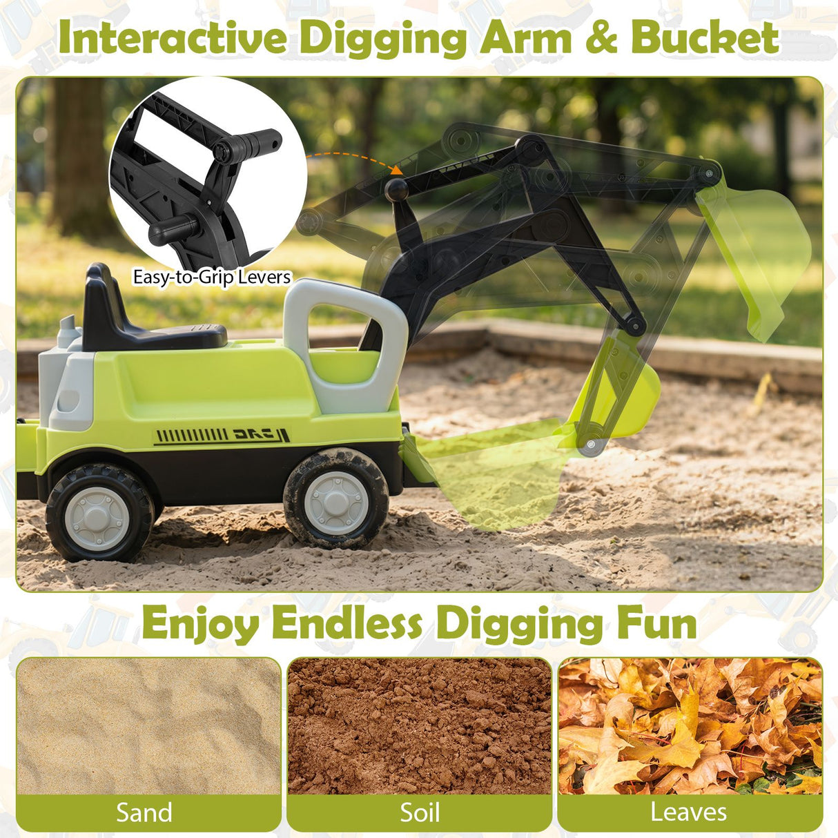 2-In-1 Kids Ride on Tractor with Digging Arm and Detachable Trailer