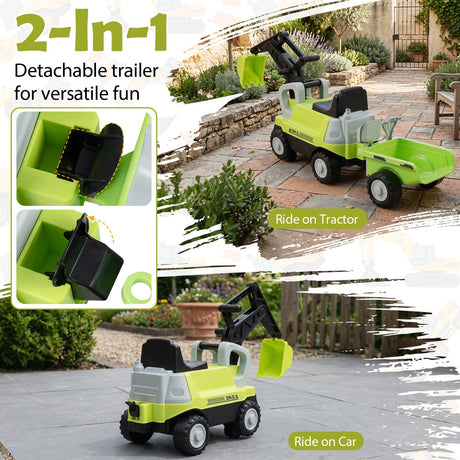 2-In-1 Kids Ride on Tractor with Digging Arm and Detachable Trailer