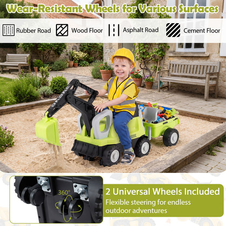 2-In-1 Kids Ride on Tractor with Digging Arm and Detachable Trailer