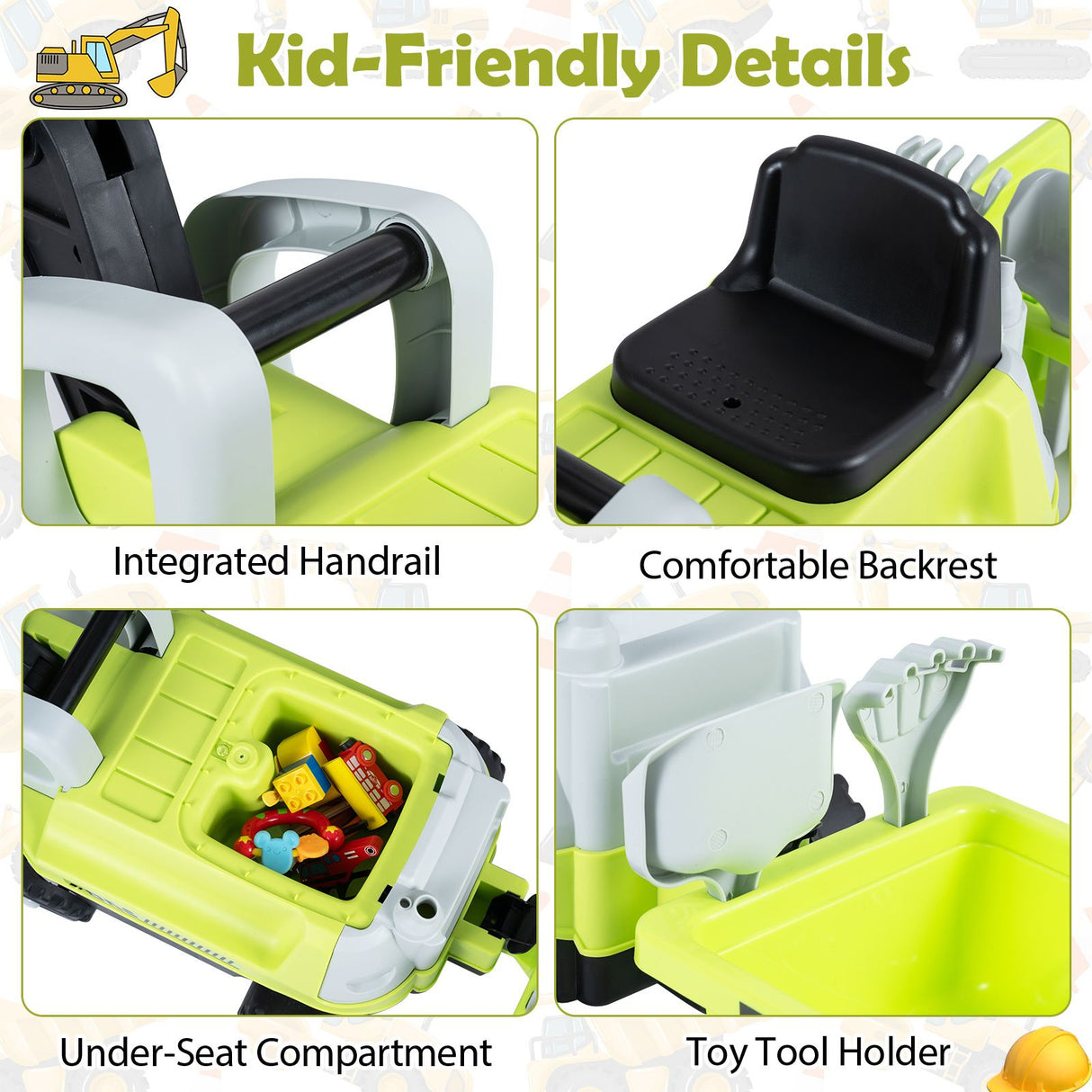 2-In-1 Kids Ride on Tractor with Digging Arm and Detachable Trailer