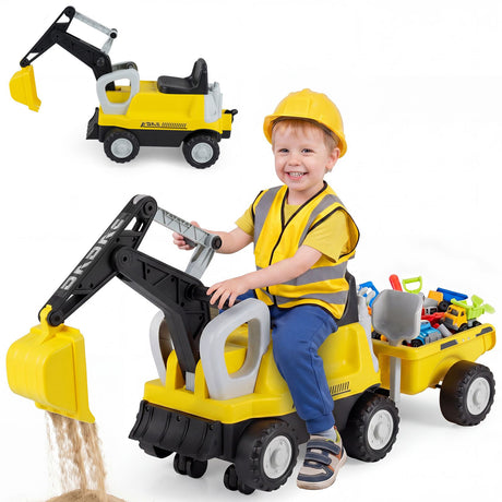 2-In-1 Kids Ride on Tractor with Digging Arm and Detachable Trailer