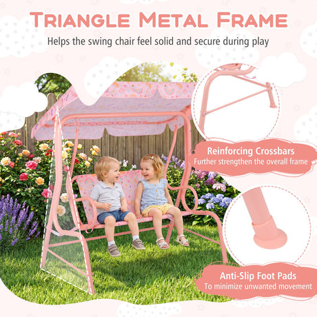 2-Seater Kids Porch Swing with Adjustable Canopy for Backyard and Garden