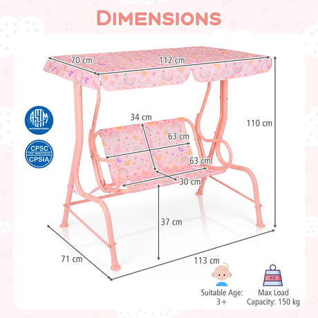 2-Seater Kids Porch Swing with Adjustable Canopy for Backyard and Garden