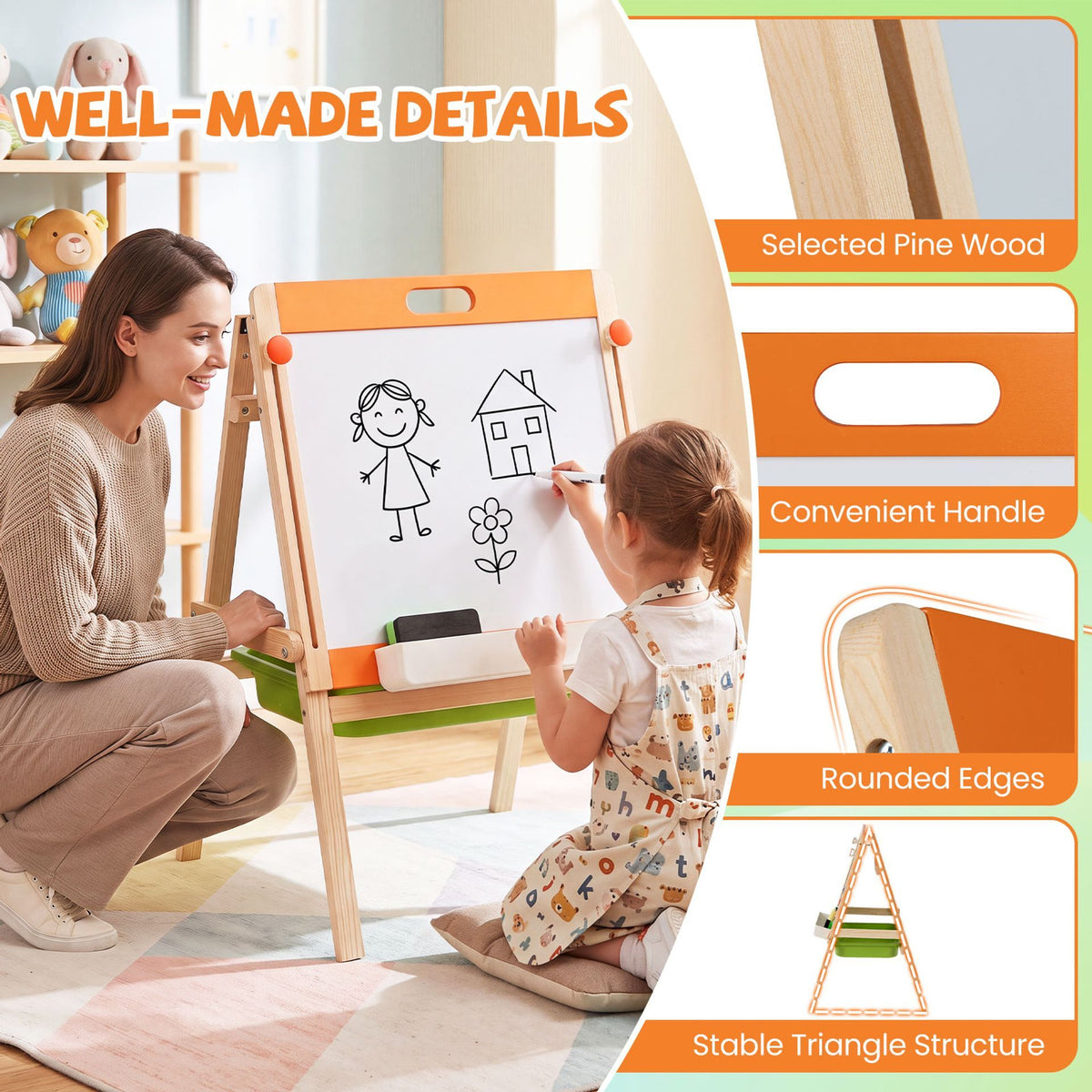 2-in-1 Art Easel for Kids Double-Sided Wooden Adjustable Easel
