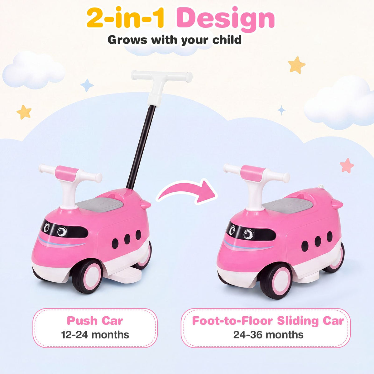 2-in-1 Ride On Push Car for Toddlers 1-3 Years Old with Horn and Storage