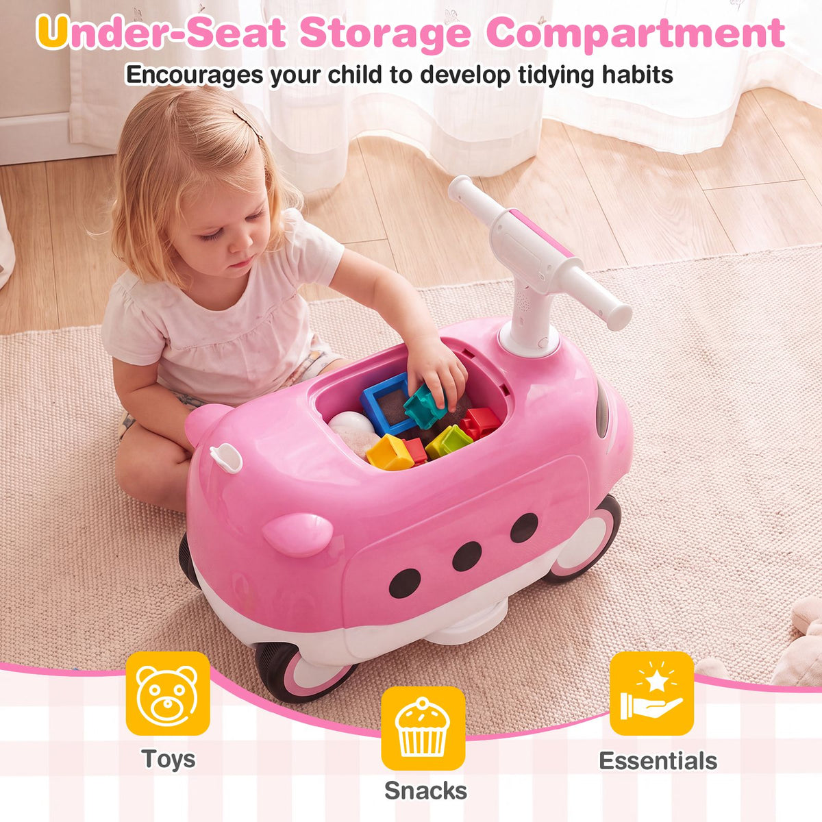 2-in-1 Ride On Push Car for Toddlers 1-3 Years Old with Horn and Storage